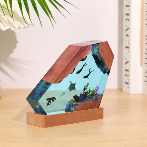 Drawelry Ocean Creative Epoxy Resin Wood Light Lamp, Handmade Multi Color Aquatic Ocean Lamp Deep Sea Diver Cave Diving Enthusiasts Led Night Light Desktop Decor Christmas Birthday Gift (Octopus, S) - color: Octopus