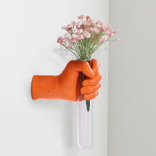 Orange Wall Sculptures, Hand Vases Home Decor, Wall Mount Art Sculpture, Unique Wall Art Statue, Funky Flower Vase Decorations, Modern Eclectic Hanging Decor,Glass Test Tube Vase (Orange) - color: Orange