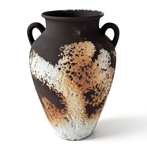 10 Inch Hand-Sculpted Ceramic Flower Vase, Vintage Terracotta Vase with Handles, Decorative Pottery for Home Decor and Office (Matte Black and Dark Brown)