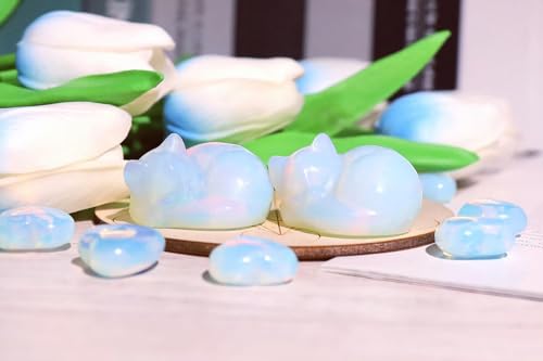 QINJIEJIE Opalite Cat Crystals Decor Sleeping Cat Statue Healing Carved Stone Decor Polished White Opalite Gemstones Figurine Office Room Home Desk Lucky Cute Decor Opal Gifts for Women Men Cats Lover - color: E-white-opal, size: 1.5 inches