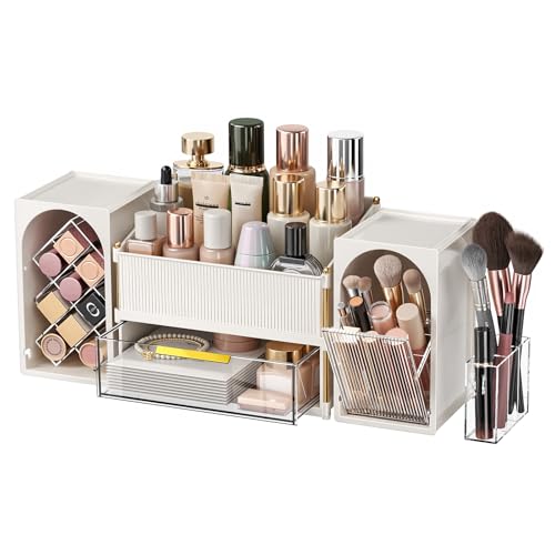 INVSSENE Stackable Makeup Organizer Countertop, Storage Perfume Skincare Cosmetic Lipstick Face Mask Makeup Brush Palettes, Ideal for Vanity Bathroom Counter - color: 3516 White+Clear