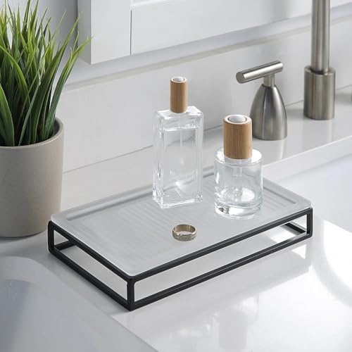 Ribbed Glass and Metal Tray – Frosted White with Black Accents, Modern Minimalist Storage