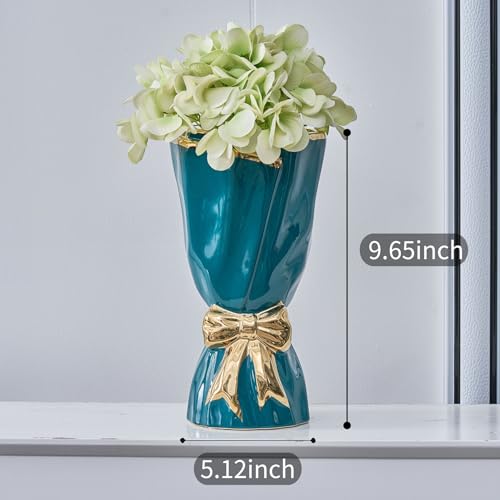 Bow Vase for Home Decor, Gold Vase for Boho Style, 9.65 Inch Large Vases for Ideal Table Decor, Living Room. Ceramic Flower Vases. （Glazed Exterior and Interior） (Green, Large) - color: Green and Gold