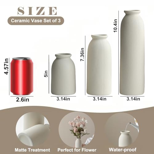 Ceramic Vase Set-3, 10.3 Inch Tall Flower Vases for Decor, Modern Boho Farmhouse Style, Decorative Vases for Pampas Grass & Dried Flowers, Distressed Finish (L Beige) - color: L Beige