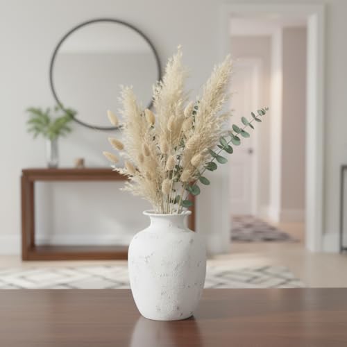 White Ceramic Vase - 7 Inch Rustic Farmhouse Vase for Pampas Grass, Dried Flowers, Textured Pottery Vases for Home Decor, Nightstand, Bedside Table, Bookshelf Decor - color: White - 1