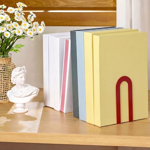Chunful 12 Pcs Modern Metal Book Ends for Shelves Decorative Small Bookends Book Shelf Organizer Minimalist Design Stopper to Hold Books for Home Office (Red,5.5 * 3.75 * 2.25inch) - color: Red, size: 5.5*3.75*2.25inch