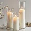 24-Pack White Pillar Candles with Glass Cylinder Vases - 12 Vases + 12 Candles, Elegant Tall Candle Holders for Weddings, Events, and Home Décor Centerpieces