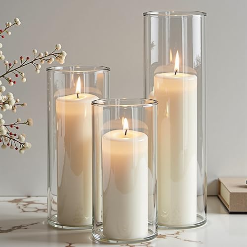 24-Pack White Pillar Candles with Glass Cylinder Vases - 12 Vases + 12 Candles, Elegant Tall Candle Holders for Weddings, Events, and Home Décor Centerpieces