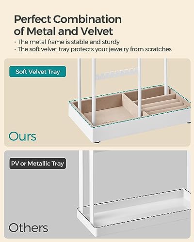 SONGMICS Necklace Holder, Jewelry Stand Holder Organizer, Jewelry Display with Metal Frame, Velvet Tray, Earring Bracelet Holder, for Gift Idea, 4.5 x 7.7 x 12.1 inch, Matte White UJJS021W01 - color: Matte White, size: 4.5"D x 7.7"W x 12.1"H