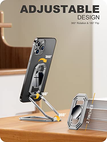 A-LuGei 𝗙𝗼𝗹𝗱𝗮𝗯𝗹𝗲 & 𝗔𝗱𝗷𝘂𝘀𝘁𝗮𝗯𝗹𝗲 Phone Kickstand Ring Holder, Magnetic Cell Phone Grips, Phone Stand for Desk, Adhesive Phone Holder for Hand, 360° Rotation Ring for Back of iPhone Case - color: Hallow Silver