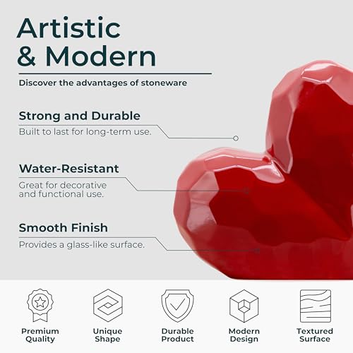 Decorative Ceramic Heart Sculpture for Home Decor - Ornaments for Bathroom, Office, and Living Room Decor - Modern Figurine Accent for Bedroom, Shelf Display, and Coffee Table - 8", Red - color: Red, size: 8x3x8