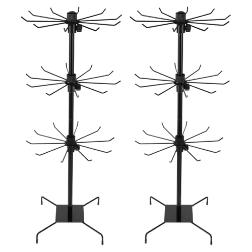 COMNICO 2 Pcs Retail Display Stand, 3-Tier Rotating Rack Black Metal Necklace and Bracelet Organizer Jewelry Stand Heavy Duty Adjustable Countertop Stands for Retail Earring Keychains Jewelry