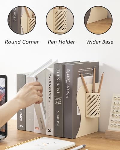 Kingsmile Book Ends, Adjustable Bookends for Shelves, Metal Bookends for Heavy Books, Book Stopper Organzier with Pen Holder for Desk, Kids Room, Office, Classroom, Library, Study Room.(Light Beige) - color: Light Beige
