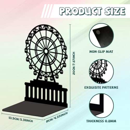 Peacoblue Metal Bookends for Shelves, Modern Decorative Heavy Duty Study Book Ends Stoppers for Office, Desk, Shelf, Room 5.3"x4.3"x7.9" Cast Iron Simple Tall Bookends 1 Pair (Ferris Wheel) - style: Ferris Wheel