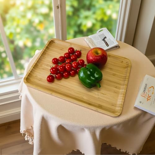Bamboo Serving Tray Rectangle Platter Breakfast Dinner Food Bed Tray for Eating Kitchen Restaurants (1, 14.2" x 9.5" x 0.8" (no Handle)) - size: 14.2" x 9.5" x 0.8"