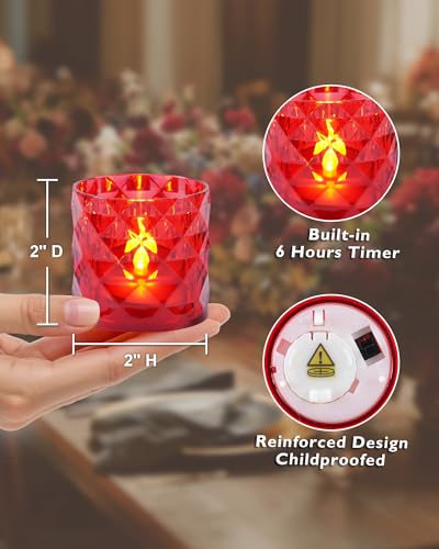 Homemory 2" x 2" Acrylic Votive Candle Holders with Auto Timer Flameless Led Tealight, Battery Powered Fake Electric Candles for Wedding Centerpiece, Table, Christmas Decor (6Pack, Red Base) - color: Red, size: 6 Pack