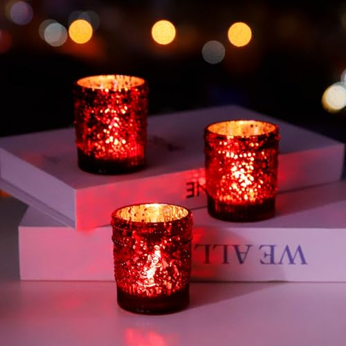 VOHO Red Mercury Glass Candle Holder Set of 12, Boho Sunflower Red Votive Candle Holders for Table Centerpiece, Festive Tealight Candle Holder for Christmas, Thanksgiving, Valentines Day Decorations - color: Red