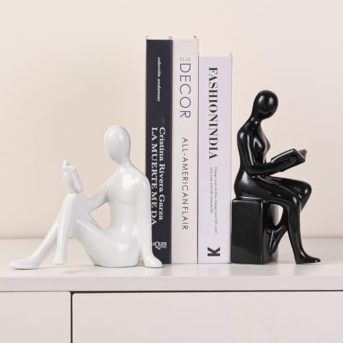 Ceramic Decorative Bookends, Book Ends for Shelves, Home Office Decor Aesthetic Statues Book Holders Stoppers for Bookshelf, Table, Bedroom Living Room Decoration (White and Black) - color: White and Black