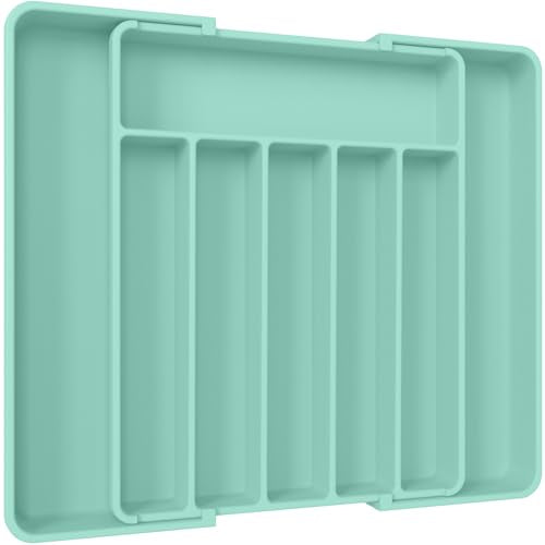 Aujen Silverware Organizer - Expandable Kitchen Drawer Organizer, Adjustable Utensil Organizer, Cutlery Tray for Forks, Knives, Multipurpose Kitchen Organizers and Storage Solution, Green, Large - color: Green, size: Large