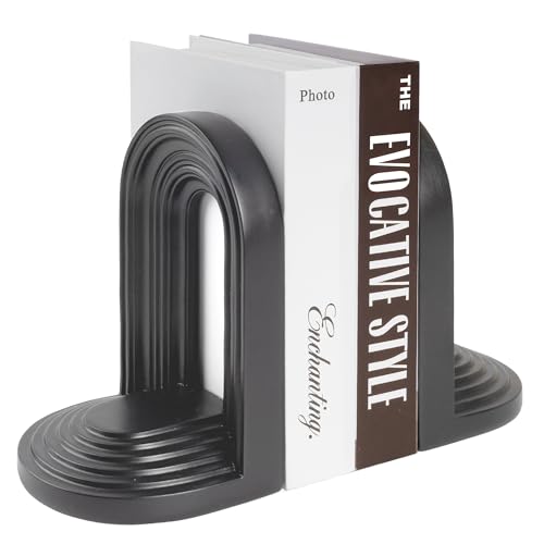 AELS Mordern Bookends, Mid Century Arch Heavy Duty Book Ends, Unique Decorative Bookend Supports for Shelves, Office Desktop Book Stand, Stopper for Books/Movies/CD, Black - color: Black, size: L - 8.9x7.4x4.9 inch