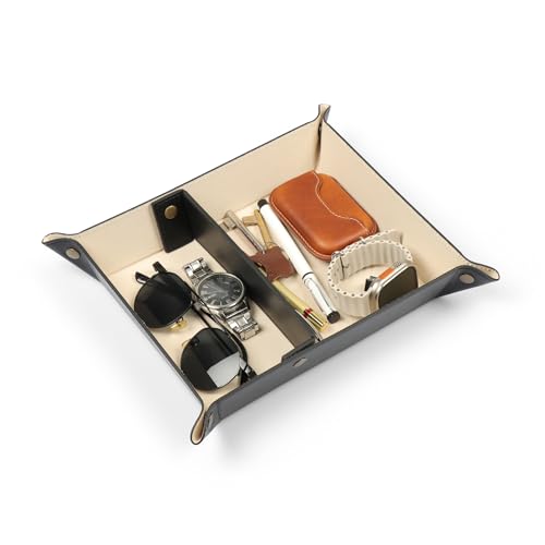 Londo Leather Tray Organizer - Practical Lightweight Water Resistant Computer Table Desk Storage Box for Wallets, Watches, Keys, Coins, Cell Phones and Office Equipment - color: Black