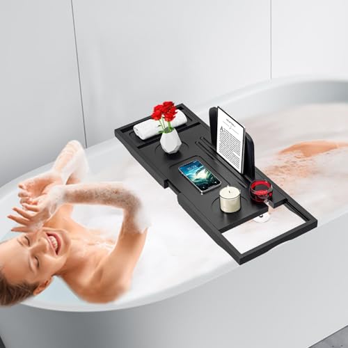Banlilu Premium Bathtub Caddy Tray - Bath Tray - Bath Tub Tray Table for Bathtub - Bath Caddy Tray for Bathtub, Expandable Size, Fits Most Bath Tubs - color: Black(bamboo Wood)