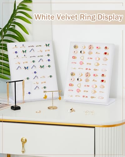 Henoyso 4 Pcs Velvet Ring Display 50 Slots L-Shaped Ring Display Stand Tray Holder for Selling Earring Jewelry - color: White