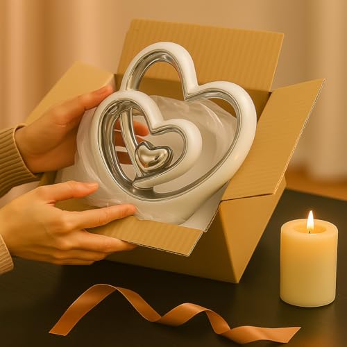 Silver Heart Ornament – Elegant Ceramic Couple Sculpture – White & Silver Tabletop Decor – Romantic Centerpiece for Living Room, Bedroom or Office – Anniversary or Valentine’s Gift