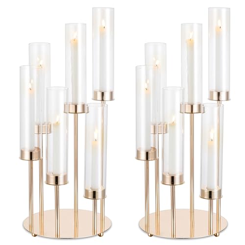NUPTIO Hurricane Candelabra Candle Holder: 2 Pcs 6 Arm Gold Metal Candlestick Candelabras with Crystal Glass Chimney Cover 24 inch Tall Vintage Taper Candles Holders for Christmas Fireplace Decor - size: 2 Pcs