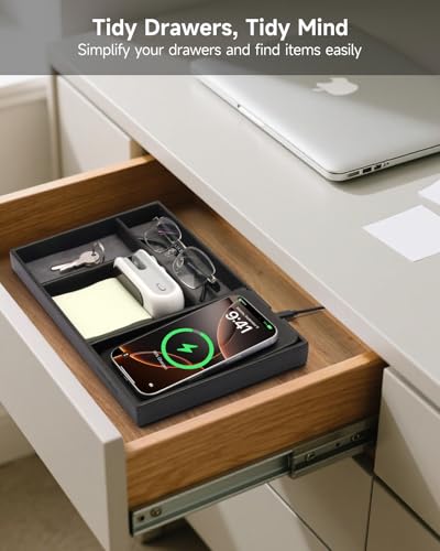Valet Tray, Built in Wireless Charging Pad, Nightstand Organizer, Two-Toned Premium Vegan Leather Desk Bedside Caddy Organizer Tray for Keys, Watch, Wallet, Jewelry (Black+Gray) - color: Black+Gray