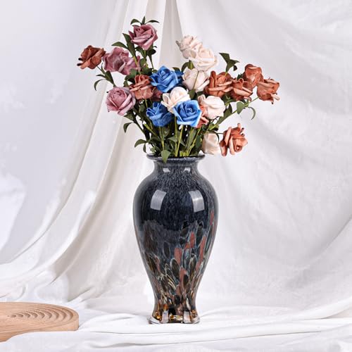 11.8" Tall Amber Blue Glass Vase Beautiful Hand Blown Glass Vase Modern Art Home Decor, Wide Mouth Colorful Vases for Mantle Dining Table Centerpiece, Entryway Living Room Wedding Decoration - color: Amber
