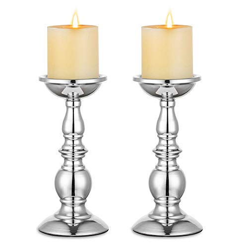 Nuptio Silver Pillar Candle Holders, Wedding Centerpieces Metal Candle Holder for 3 inches Candles Stand Decoration Ideal for Weddings Special Events Parties Living Room, 2 Pcs - color: Silver, size: L + L