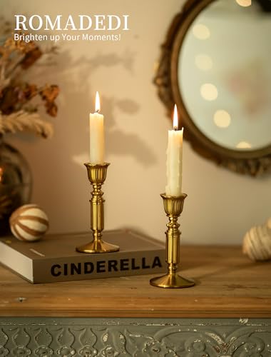 Gold Candle Holders Vintage Decor - Romadedi Solid Brass Candlestick Taper Holder for Wedding Christmas Table Centerpiece Mantel Home Decoration 5.5 Inch Set of 2
