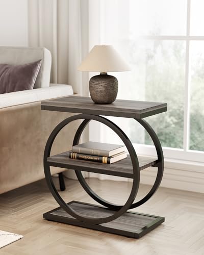LITTLE TREE End Table, 3-Tier Side Table, Slim Sofa Side Table for Living Room, Tall Bedside Table Nightstand for Bedroom, Grey and Black - color: Grey