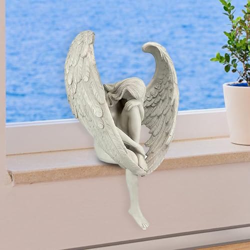 Elegant Angel Resin Sculpture - Hand-Carved Guardian Angel Statue - Kneeling Angel Figurine for Home & Garden Decoration - Emotional & Inspirational Ornament for Tabletop or Staircase Display