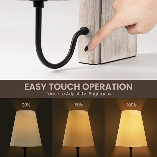 AELS Wooden Bookshelf Lamp with Bulb, Cordless Touch Dimmable Table Lamp with Linen Fabric Shade, Battery Operated, Modern Farmhouse Decorative Bookend, Book Sconce for Office Home Bedroom, White - color: ‎Off-White, size: Rechargeable Model