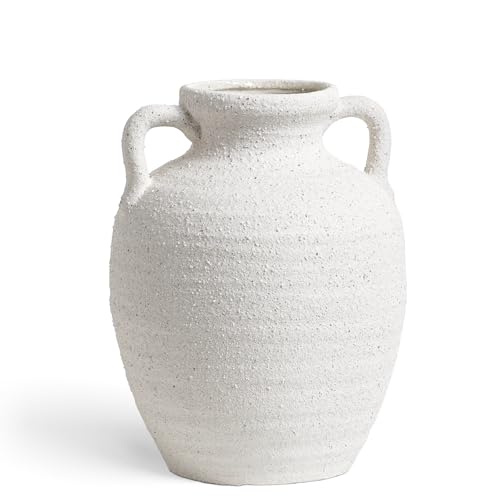 Large White Ceramic Vase with Handles - 9.5 Inch Tall Rustic Farmhouse Flower Vase, Decorative Accent for Living Room Coffee Table Bathroom Home Decor, Weddings Holiday Centerpieces (Rock Sand White) - color: Rock Sand White-9.5"