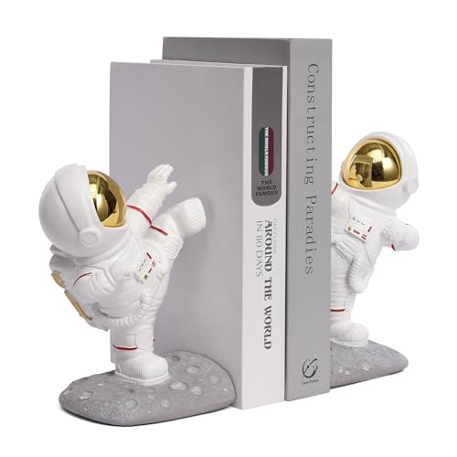 Book Ends for Shelves Decorative, Upgraded Astronaut Bookshelf Stopper Resin Book Shelf End Holders Heavy Duty Bookends for Kids Gifts Cute Spaceman Book Ends for Space Decor(F2-Gold) - color: Astronaut F-gold