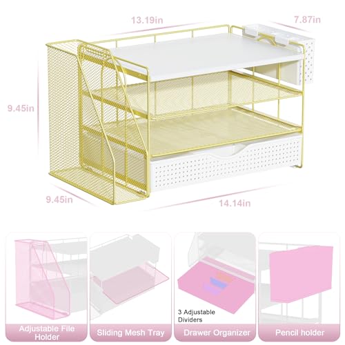 gianotter Wood Desk Organizers and Accessories with File Holder, 4-Tier Desk Accessories & Workspace Organizers with Drawer and Pen Holder, Paper Organizer for Office Supplies (Gold) - color: Gold