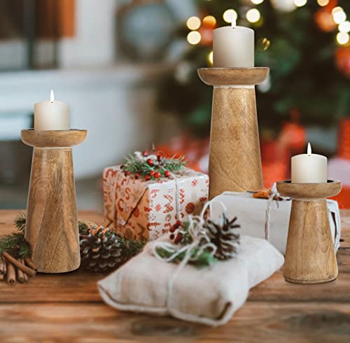 Hand Crafted Wooden Pillar Candle Holder Set of 3, Ideal for LED and Pillar Candle, Gift for Wedding, Christmas, Party, Home, Spa, Reiki, Aromatherapy, Votive Candle Garden - 10,8,6 Inch - White Wash - color: White Wash, size: 10,8,6 Inch Set of 3 - Pilla