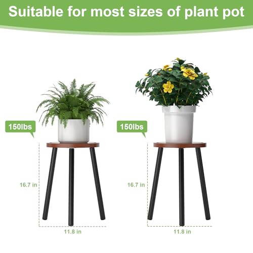 2-Pack Wood Plant Stands Indoor, 16.7" Tall Plant Stand Outdoor Mid-Century Plant Stool, Single Plant Table Modern Small Round Side/End Table for Living Room, Balcony, Office(Brown) - color: Brown Tray with Black Legs-2Pack