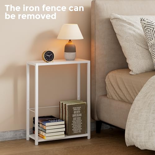 Homleke Narrow Side Table with Magazine Holder, Skinny End Table Perfect for Small Spaces, Space-Saving Design for Living Room, Bedroom, or Office, 7.1" D x 16.9" W x 23.6" H, White - color: White - Standard