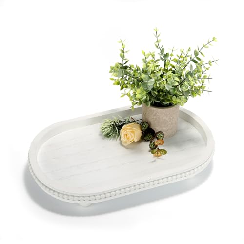 SYNCVIBE Wooden Decorative Tray for Home Decor, Beaded White Oval Tray Decor for Coffee Table, Rustic Wood Serving Trays Farmhouse Centerpieces for Living Room Kitchen Counter (White Oval) - color: White