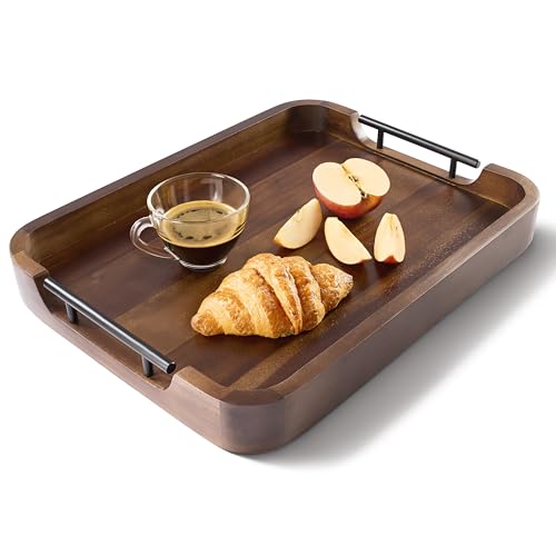 TIDITA Ottoman Tray for Living Room – 17"x13" Rectangle Serving Tray with Handles – Acacia Wooden Tray for Coffee Table, Living Room, Breakfast in Bed – Decorative Trays for Ottoman (Walnut Color) - color: Walnut Color, size: 17" x 13" x 2"