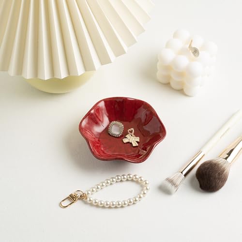 Ceramic Ring Dish, Jewelry Dish Holder, Small Trinket Tray Plate for Earrings Rings Necklaces Keys, Gift for Mom Friend Sister on Birthday Mother's Day Christmas (Red Surface) - color: Red Surface