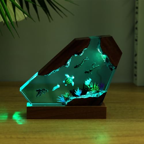 Drawelry Ocean Creative Epoxy Resin Wood Light Lamp, Handmade Multi Color Aquatic Ocean Lamp Deep Sea Diver Cave Diving Enthusiasts Led Night Light Desktop Decor Christmas Birthday Gift (Octopus, S) - color: Octopus