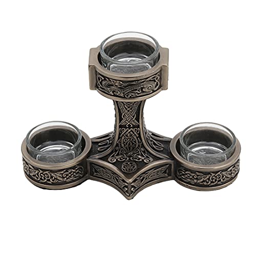Veronese Design 4 7/8 Inch Tall Mjolnir Hammer of Thor Triple Head Tealight Candle Holder Viking Nordic Decor Cold Cast Bronzed Resin Sculpture