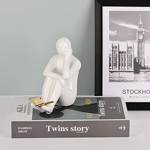 XINGYAN Elegant Ceramic Bookends - Black & White Reading Statues with Gold Accents - Sophisticated Decor for Shelves and Home(Gold Book)