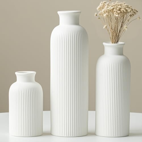 Modern Ceramic Vase Set, White Ribbed Matte Design, 3-Piece Decorative Vases for Home, Living Room, Office (White) - color: White