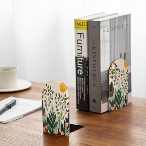 Subtle Pastel Minimal Aesthetic Illustration Bookends for Shelves 2 Pcs Wooden Book Stopper Organizer for Home Office Libraries